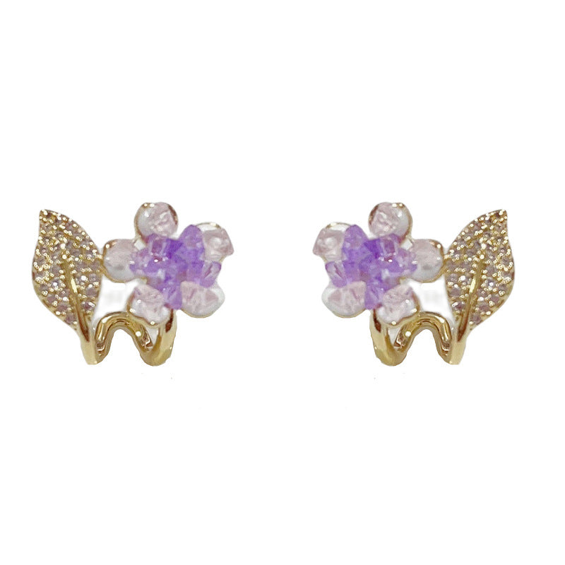 14K Gold-Plated Floral Zircon Leaf Stud Earrings–Elegant Nature Design