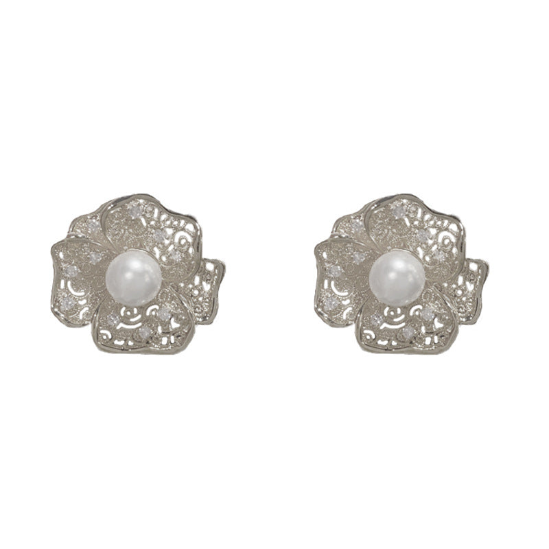 Elegant Hollow Metal Pearl Petal Stud Earrings – Floral Design
