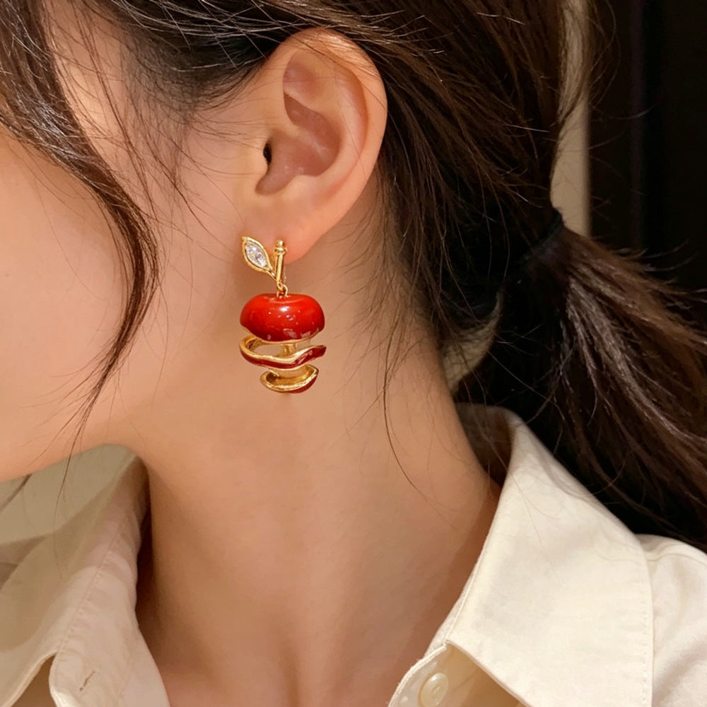 Eaioncol Apple Heart CZ Drop Earrings 14K Gold Plated