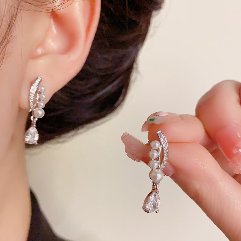 14K Gold-Plated Zircon Pearl Cross Waterdrop Earrings – Elegant Design