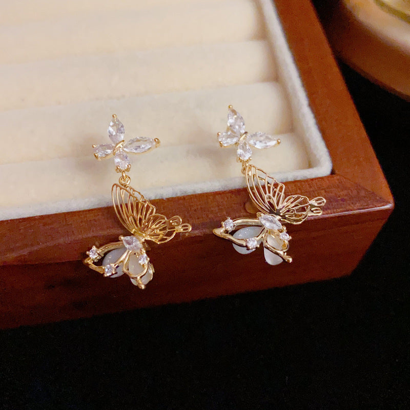 14K Gold Zircon Butterfly Tassel Drop Earrings – S925 Silver Needle