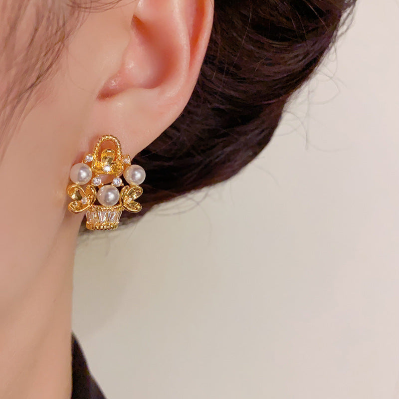 Elegant Zircon Pearl Metal Basket Flower Gold Earrings – Floral Design