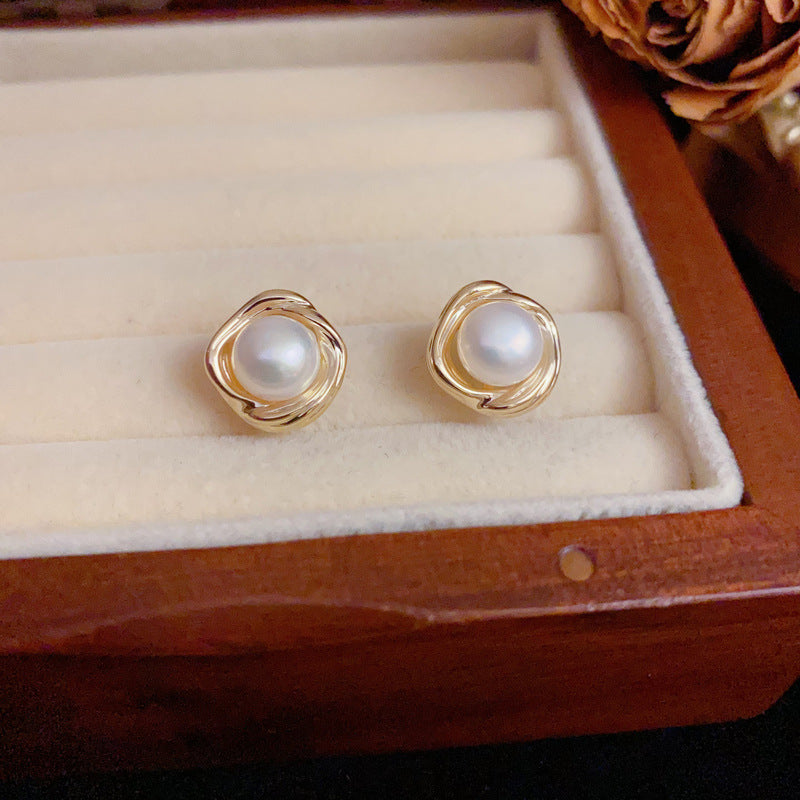 Irregular Metal & Freshwater Pearl Stud Gold Earrings – Elegant Design