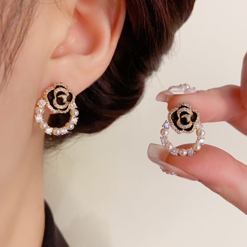 14K Gold-Plated Camellia Zircon Circle Earrings - Vintage Chic Design