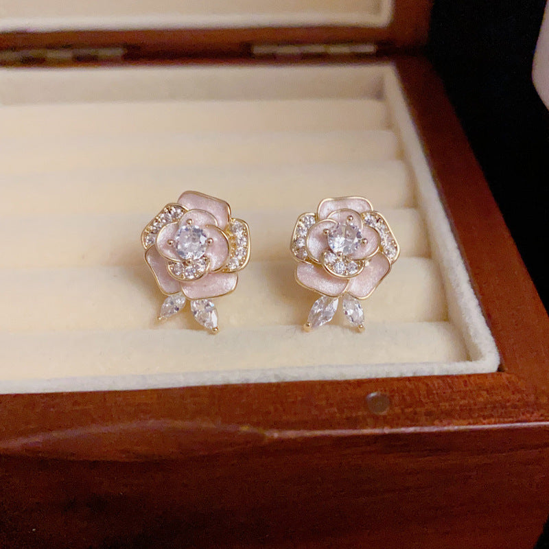 14K Gold-Plated Zircon Camellia Ear Cuffs – Elegant Floral Design