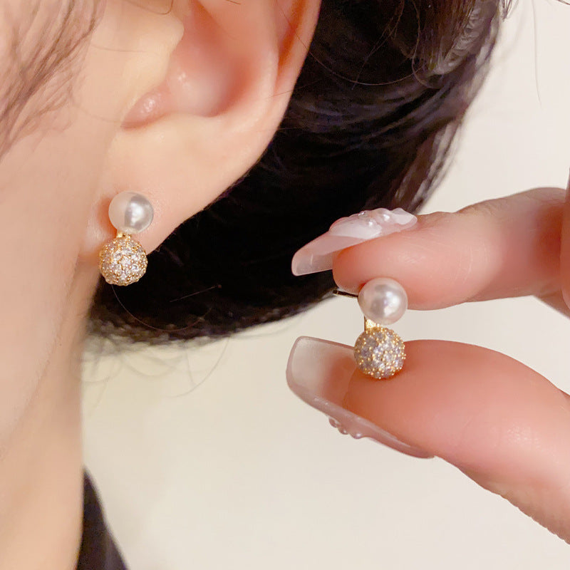 14K Gold-Plated Pearl Pave Ball Stud Earrings – Minimalist Chic Design