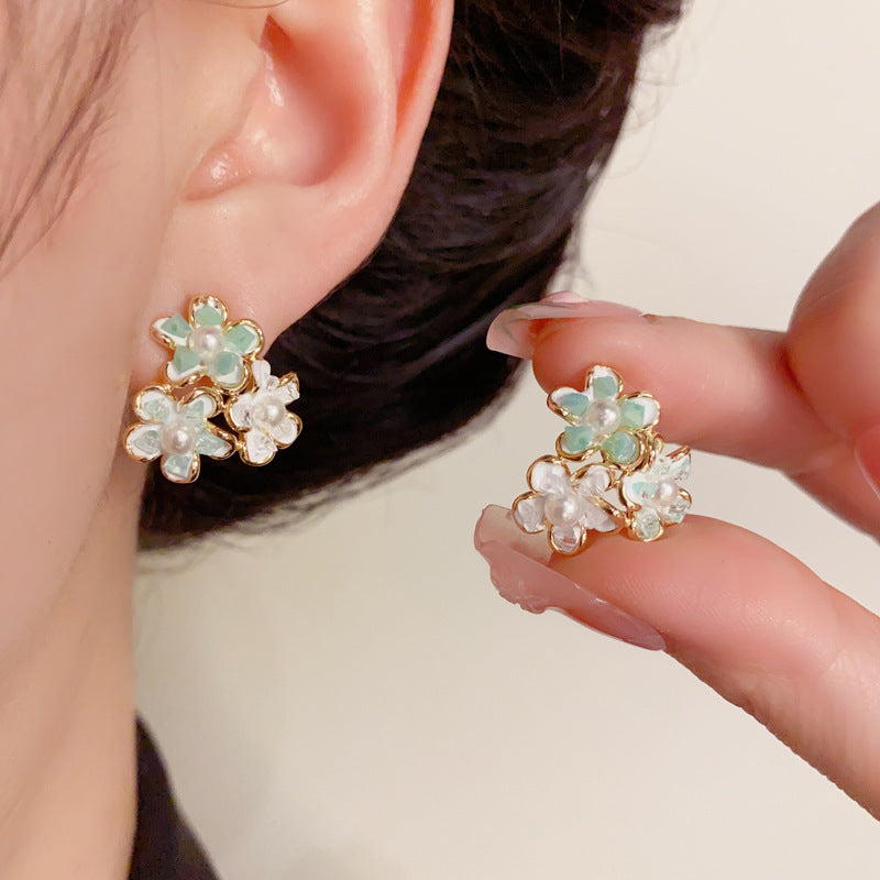 14K Gold-Plated Three-Petal Flower Stud Earrings – Elegant Design