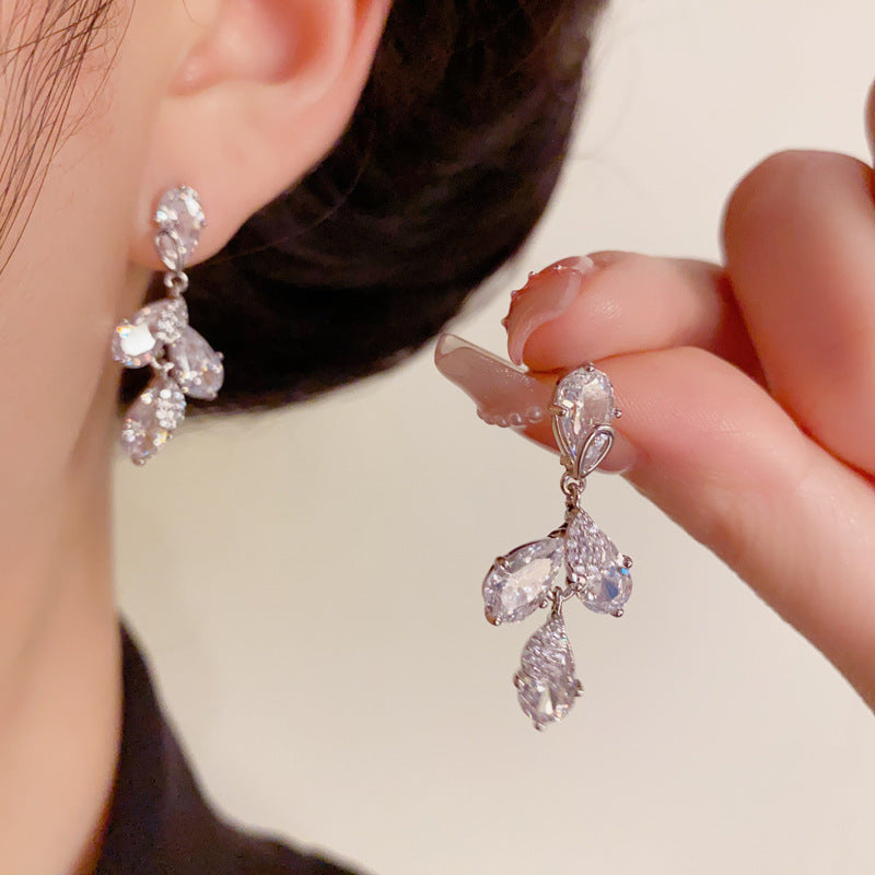 14K Gold Luxury Zircon Leaf Tassel Drop Earrings – Elegant Design