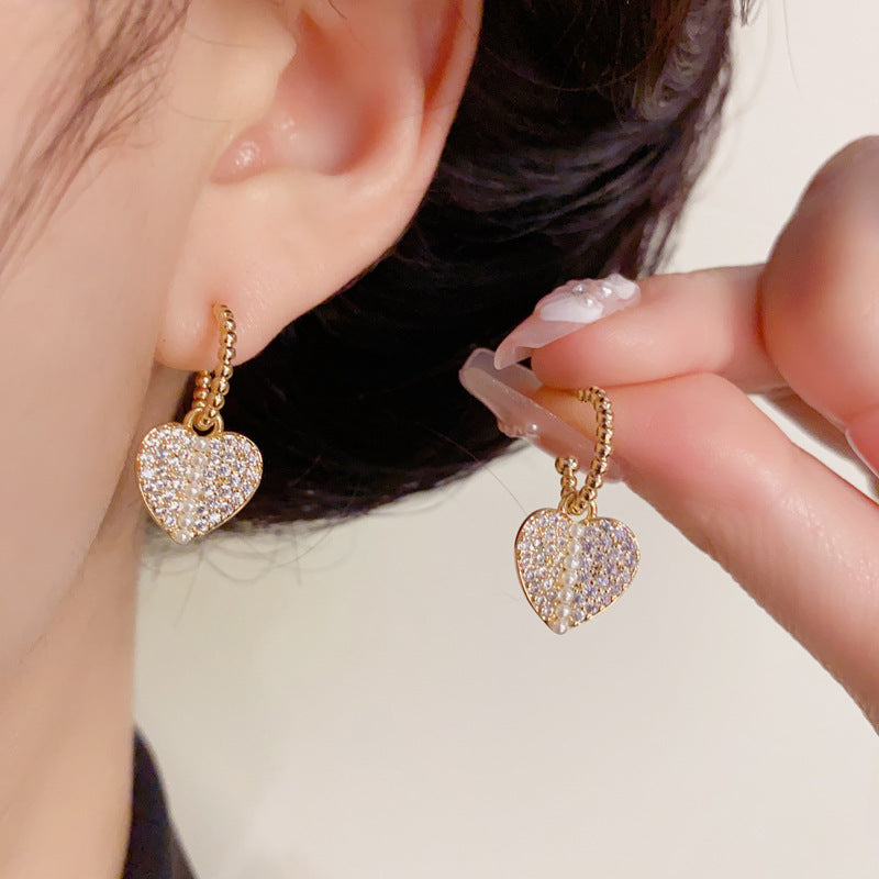 14K Gold Full Zircon Pearl Heart Earrings – Elegant Romantic Design