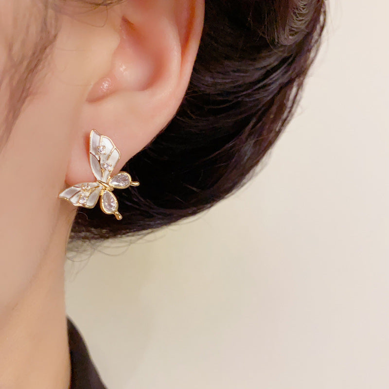 14K Gold Enamel Butterfly Earrings with Rhinestones – Elegant Design