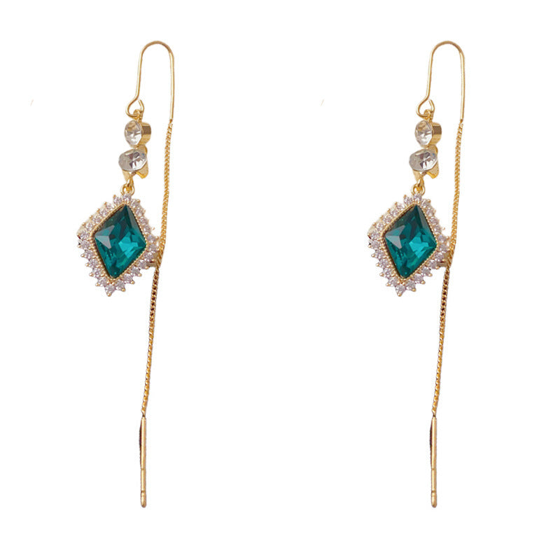 Luxury Full-Zircon Rhombus Tassel Threader Earrings – Elegant Design