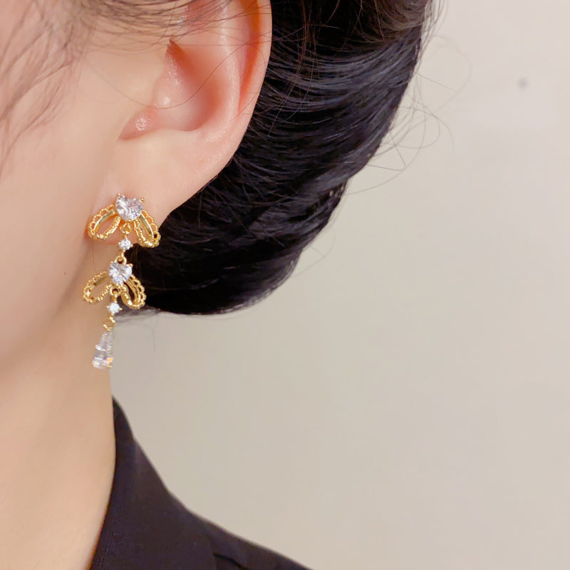 Eaioncol Bow Heart CZ Tassel Drop Earrings Gold Silver
