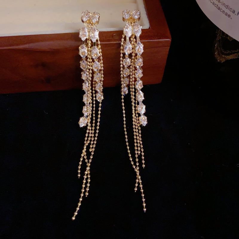 14K Gold Full Zircon Long Tassel Drop Earrings - Chic Elegance Design