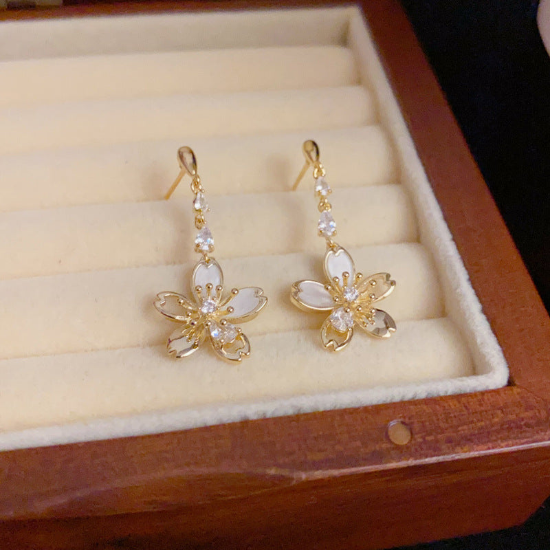 14K Gold-Plated Zircon Flower Tassel Earrings – Elegant Chic Design