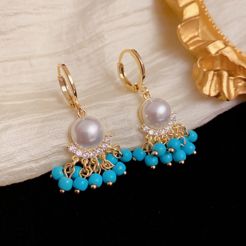 Elegant Round Pearl Beaded Tassel Ear Cuff Earrings – Geometric Design