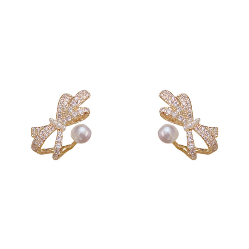 Luxury Full-Zircon Bow & Pearl Earrings – Silver Needle Elegant Design
