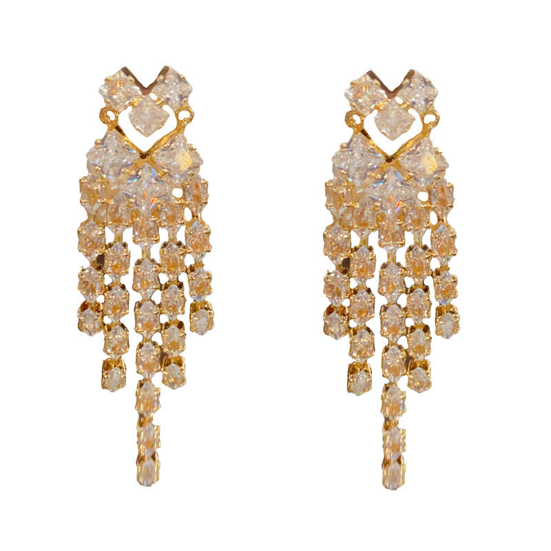 14K Gold-Plated Full Diamond Heart Tassel Earrings – Glamorous Design