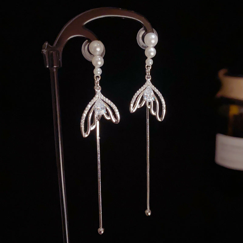 14K Gold-Plated Pearl Zircon Fish Tail Tassel Earrings –Elegant Design