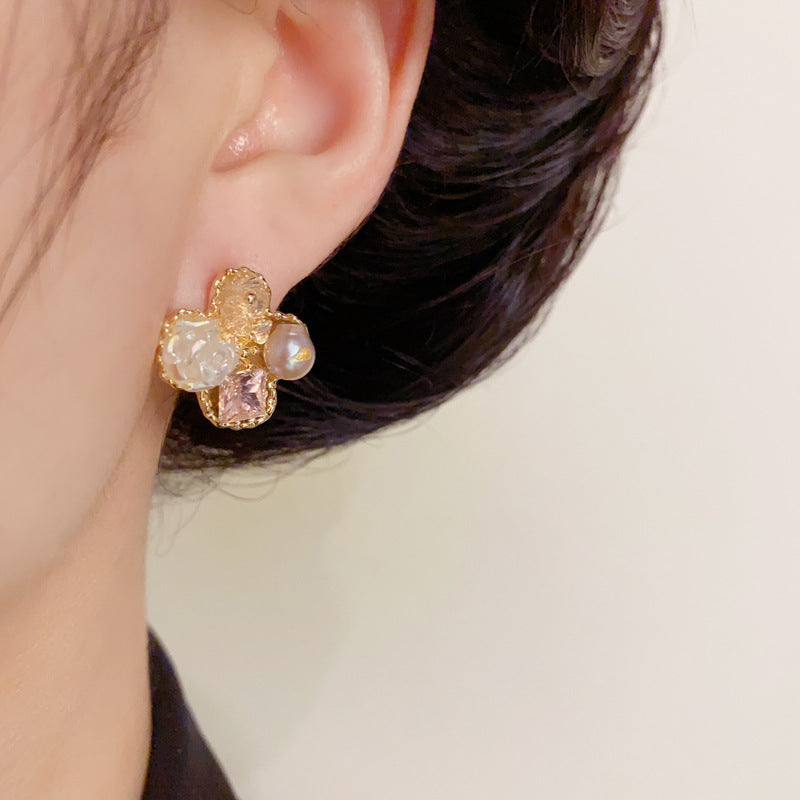 14K Gold-Plated Crystal Four-Leaf Flower Stud Earrings – Sweet & Minimalist