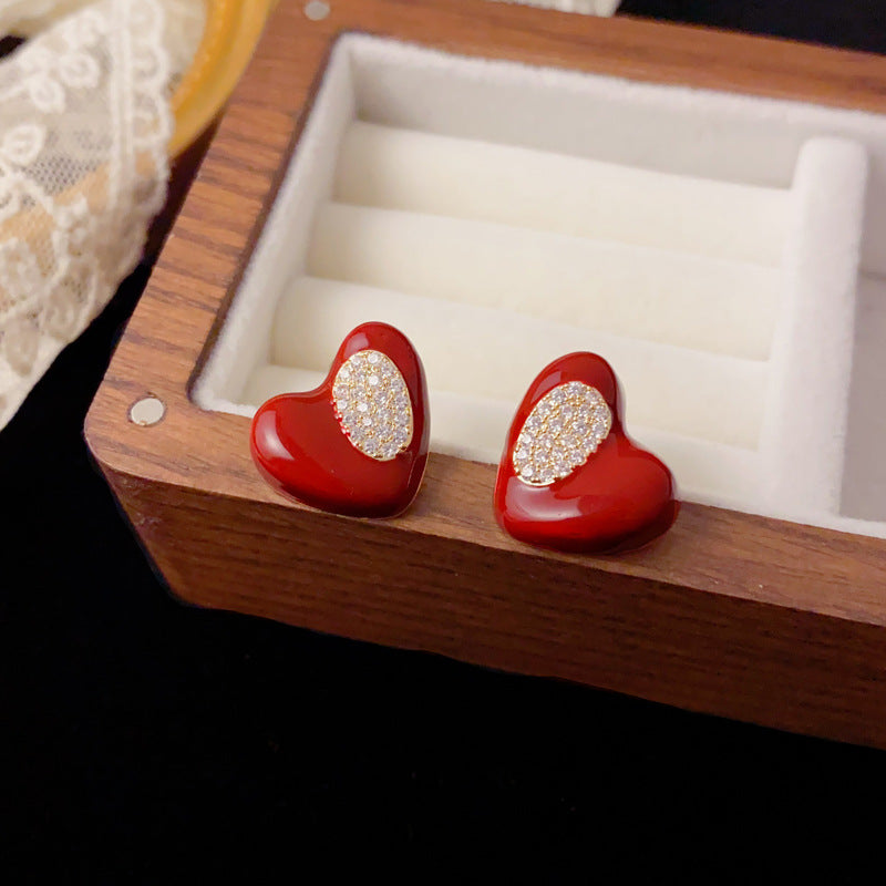 Luxury Red Enamel & Zircon Heart Stud Earrings – Elegant Design