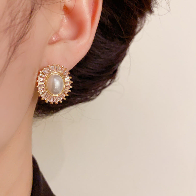 14K Gold Zircon Pearl Sunflower Stud Earrings- Chic Elegance Design