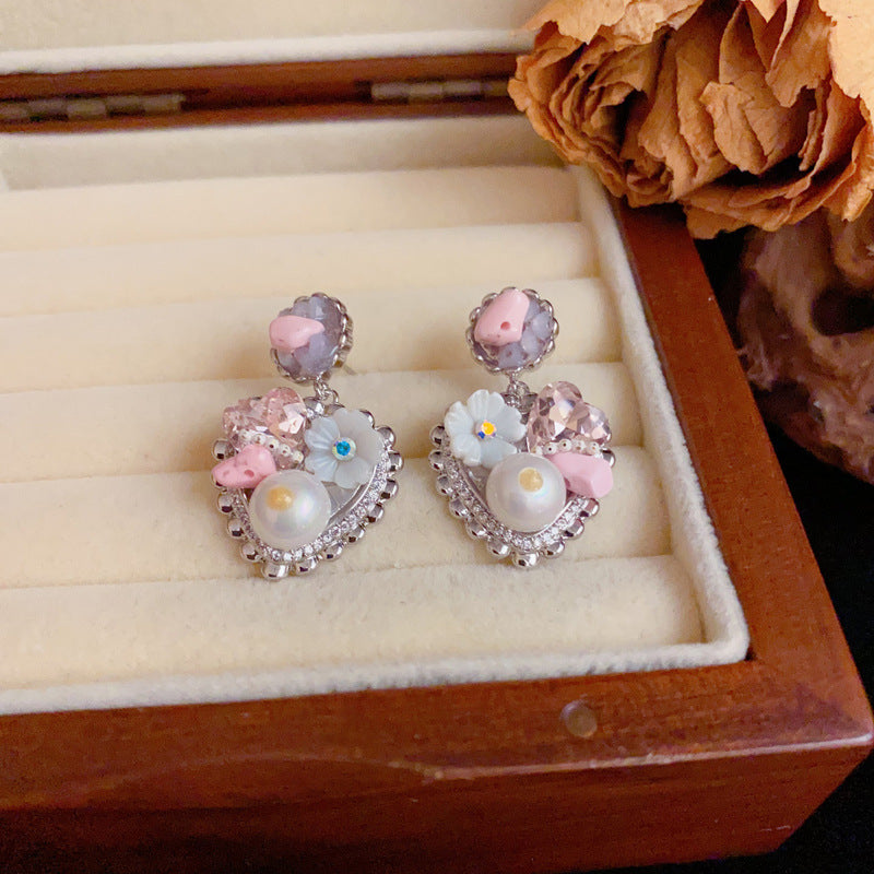 Luxury Handcrafted Flower Pearl & Heart Drop Earrings – Elegant Design