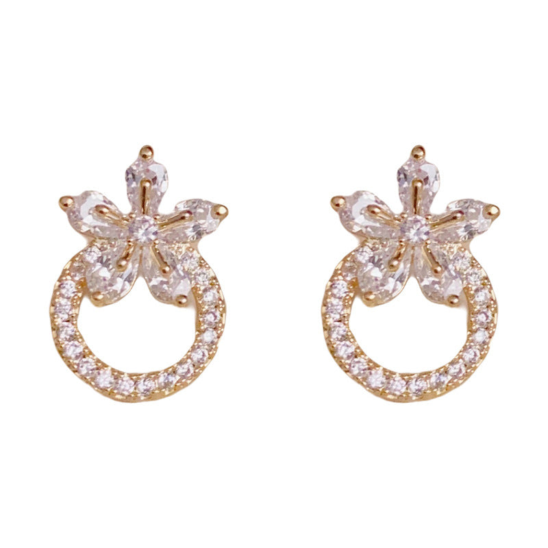 14K Gold-Plated Zircon Floral Hoop Stud Earrings–Elegant Circle Design