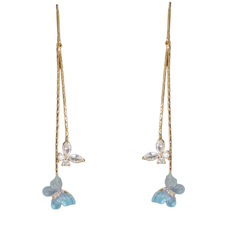14K Gold-Plated Zircon Butterfly Tassel Hook Earrings – Elegant Design