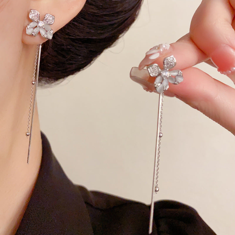 Elegant Zircon Petal Tassel Drop Earrings – Long Fringe Design