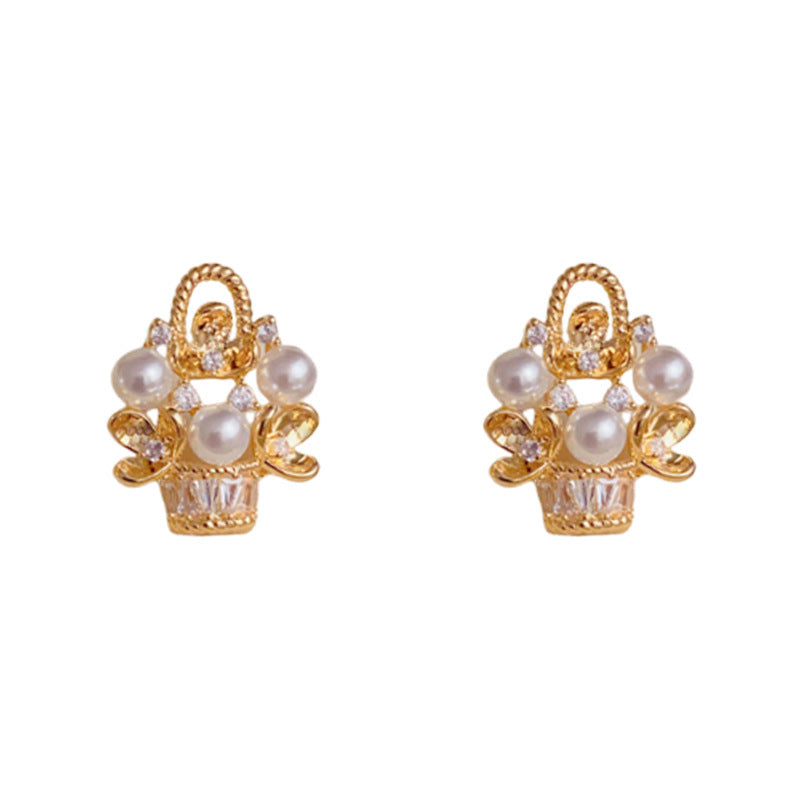 Elegant Zircon Pearl Metal Basket Flower Gold Earrings – Floral Design