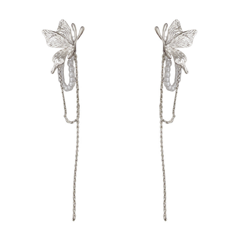 Luxury Butterfly & Pearl Chain Tassel Drop Earrings – Elegant Design