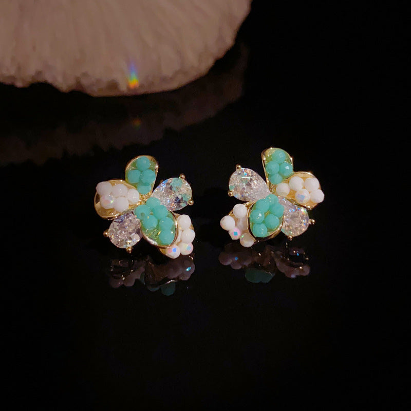 14K Gold-Plated Zircon Two-Tone Petal Stud Earrings – Elegant Floral