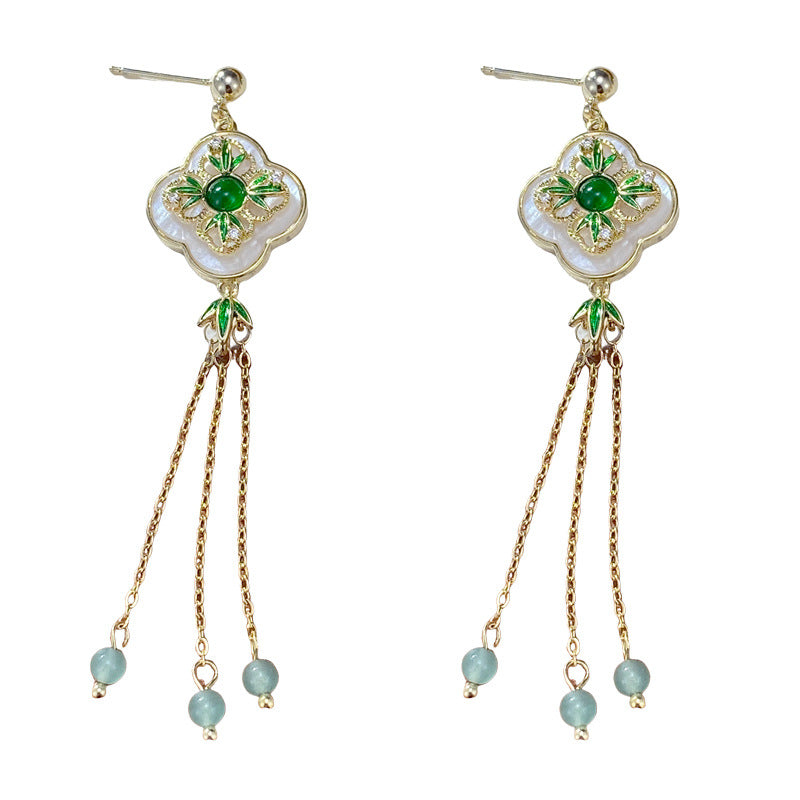 Luxury Emerald Bamboo Four-Leaf Flower Tassel Earrings – Floral Design