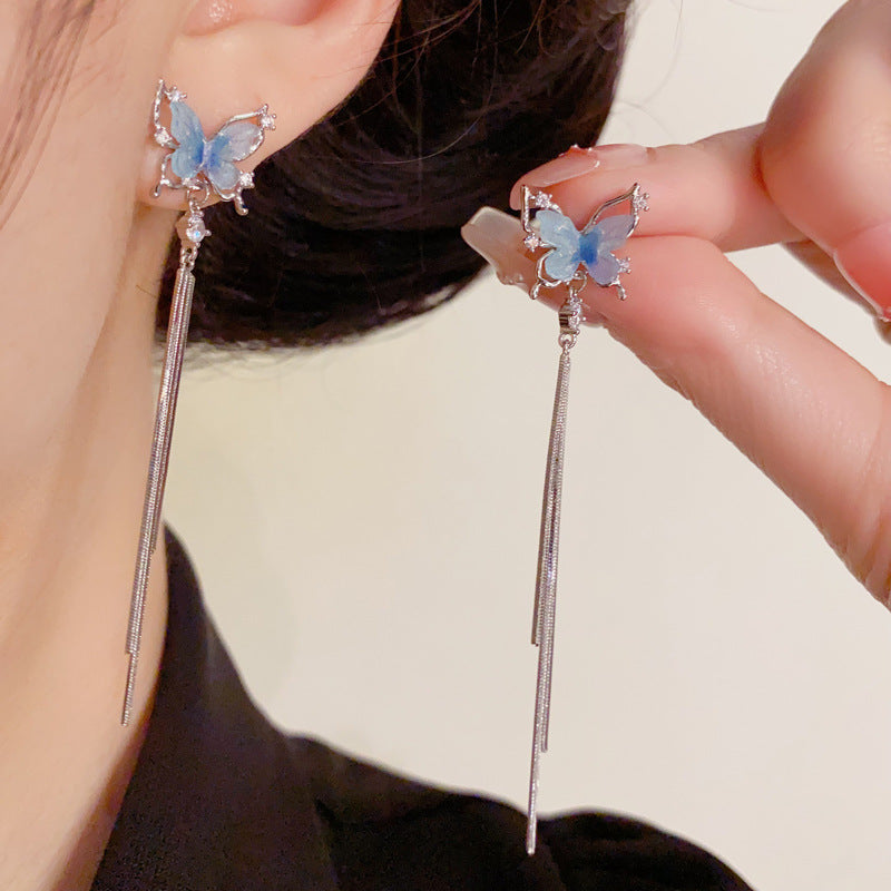 14K Gold Minimalist Blue Butterfly Tassel Drop Earrings – Long Design