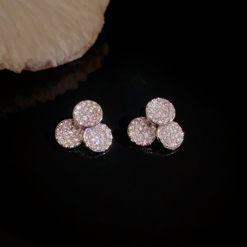 Luxury Zircon Purple Triple Round Stud Earrings – Geometric Design