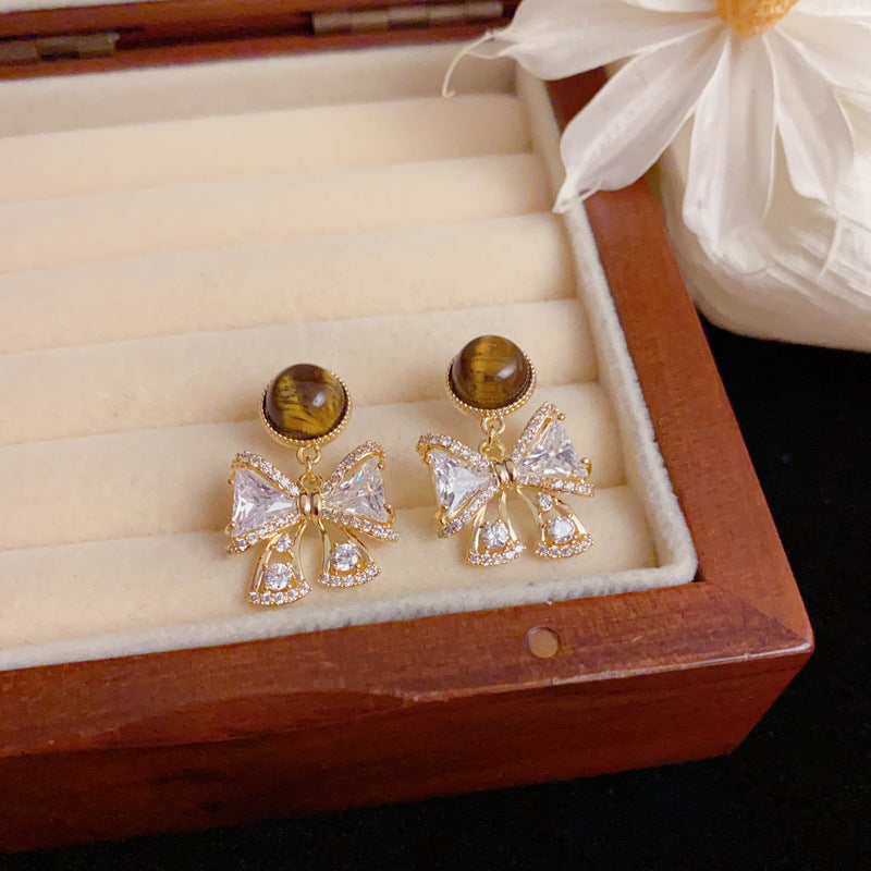 Luxury Zircon Bow & Tiger's Eye Drop Gold Earrings – Elegant Design