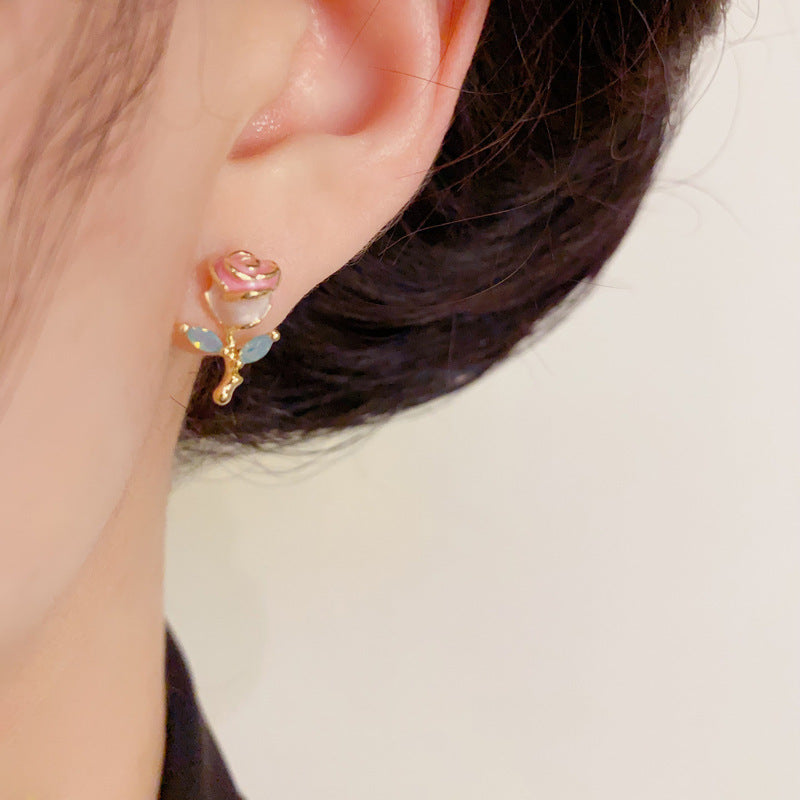 14K Gold-Plated Enamel Rose Stud Earrings – Elegant Floral Design