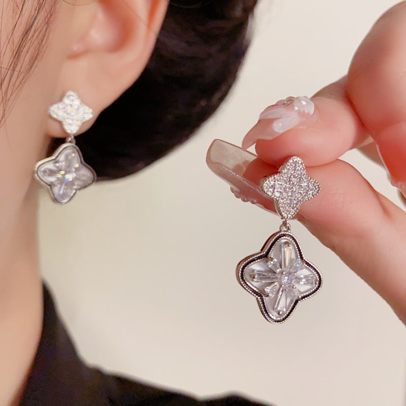 Luxury Zircon Four-Leaf Flower Drop Earrings – Elegant Floral Design