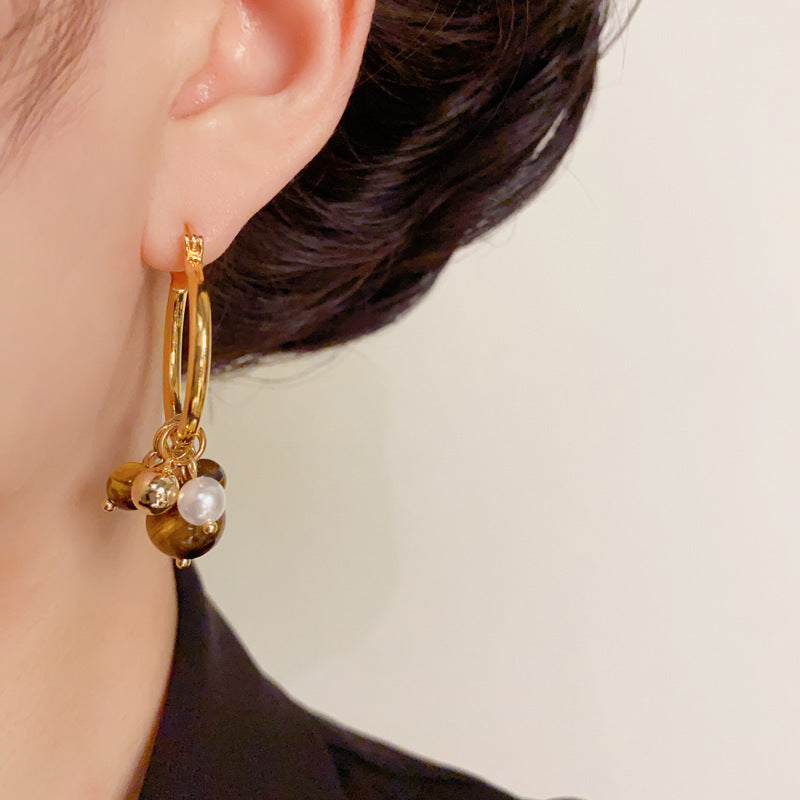 Elegant Tiger's Eye Bead Tassel Hoop Earrings – Geometric Design