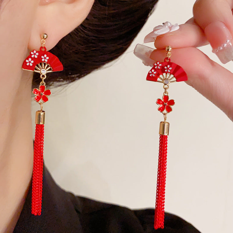 14K Gold-Plated Red Petal Folding Fan Tassel Earrings - Elegant & Chic