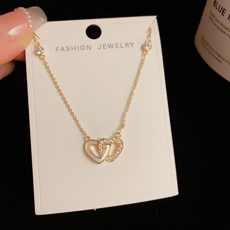 14K Gold-Plated Zircon Heart D-Ring Pendant Necklace - Elegant Design