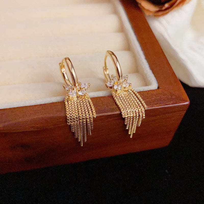 Luxury Zircon Petal & Metal Tassel Earrings – Silver Needle Geometric