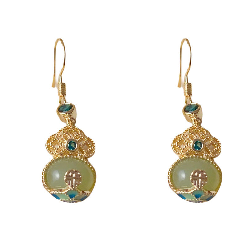 Elegant Imitation Jade Gourd Tassel Drop Earrings – Auspicious Design
