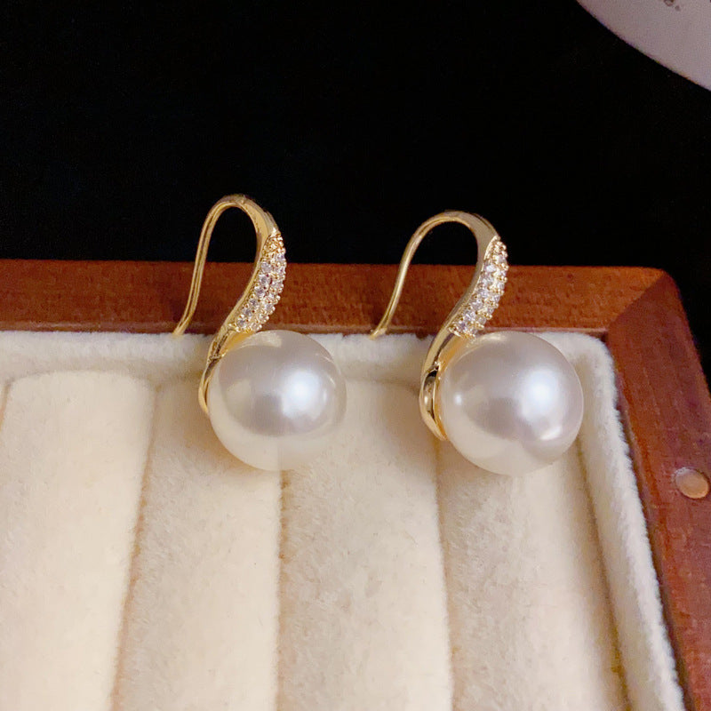 14K Gold-Plated Zircon High Heel Pearl Earrings – Elegant Korean Style