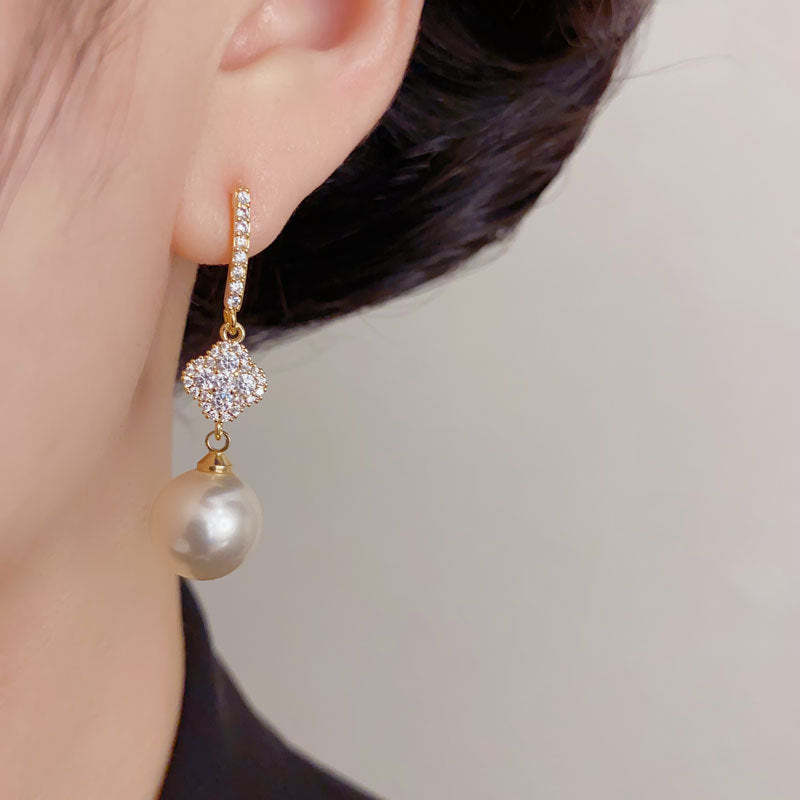 Elegant Zircon Four-Leaf Flower Pearl Drop Earrings – K-Beauty Design