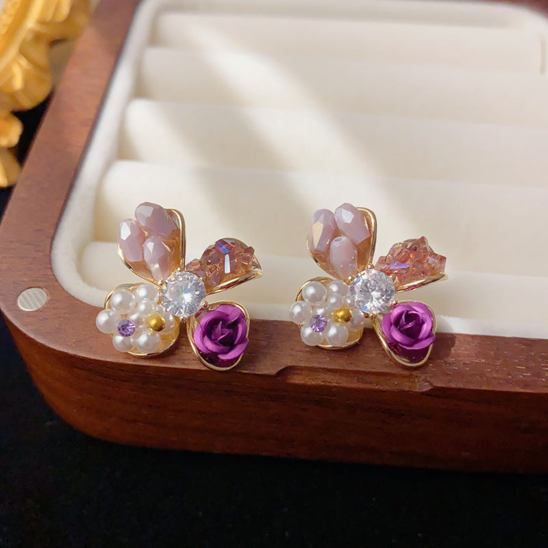 Elegant Crystal Pearl Rose Petal Stud Earrings – Floral Design