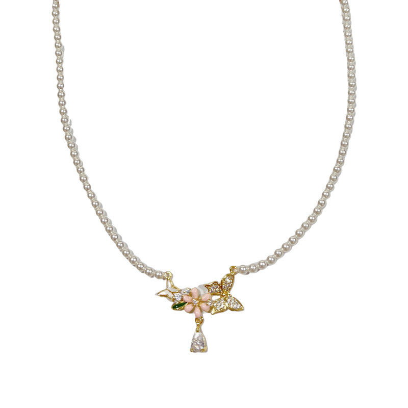 14K Gold Zircon Butterfly Pearl Pendant Necklace – Sweet & Elegant