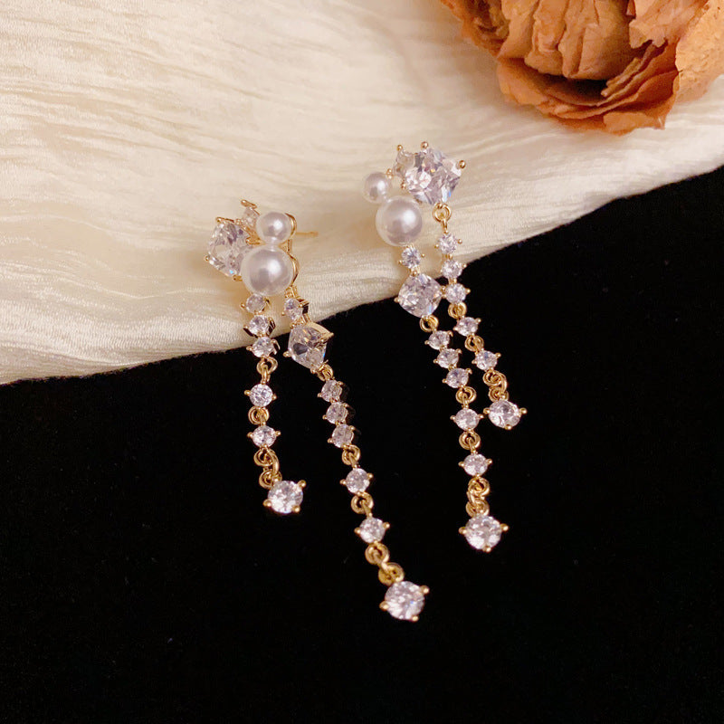Luxury Full-Zircon & Pearl Long Tassel Drop Earrings– Geometric Design