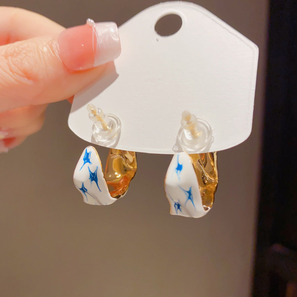 Eaioncol Blue Porcelain Irregular Enamel Hoop Earrings Gold