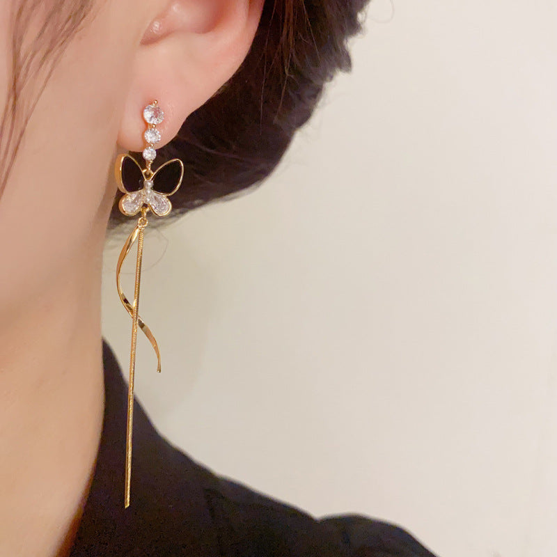 14K Gold-Plated Black Butterfly Long Tassel Earrings - Chic & Elegant